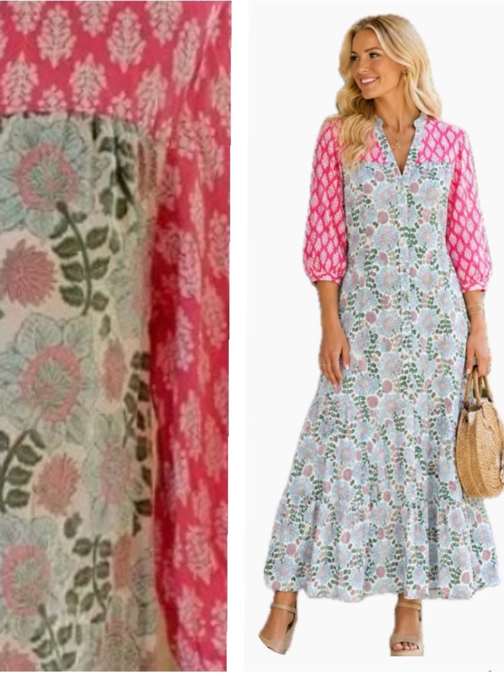 Zara, Pink & Blue Floral Maxi Dress Boho Preppy Cottagecore, Size M